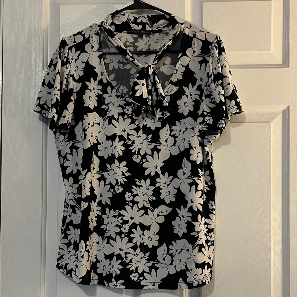 Adrienne Vittadini Monochrome Floral Tie-Neck Blouse